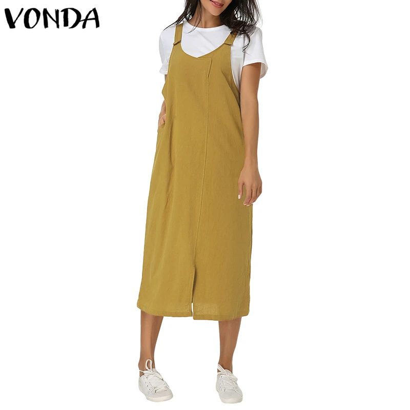 VONDA, женское винтажное Хлопковое платье,, летнее, v-образный вырез, без рукавов, с разрезом, с карманами, одноцветное платье, повседневное, свободное, до середины икры, Vestido размера плюс