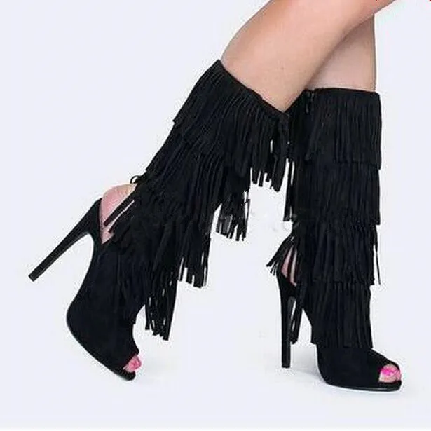 Женские ботинки с открытым носком черные сапоги до середины икры украшенные