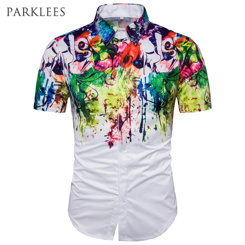 Мужская приталенная рубашка с длинным рукавом Повседневная белая принтом брызг