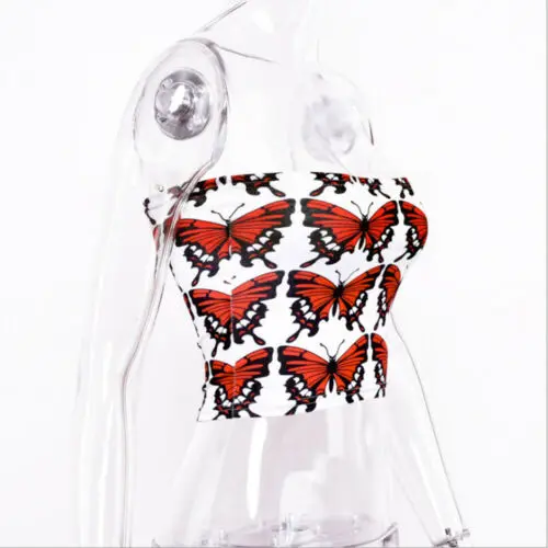 

Women Sexy Casual butterfly Tank Top Strapless Vest Blouse Sleeveless Summer Crop Top Shirt Cami Top Underwear Clothes