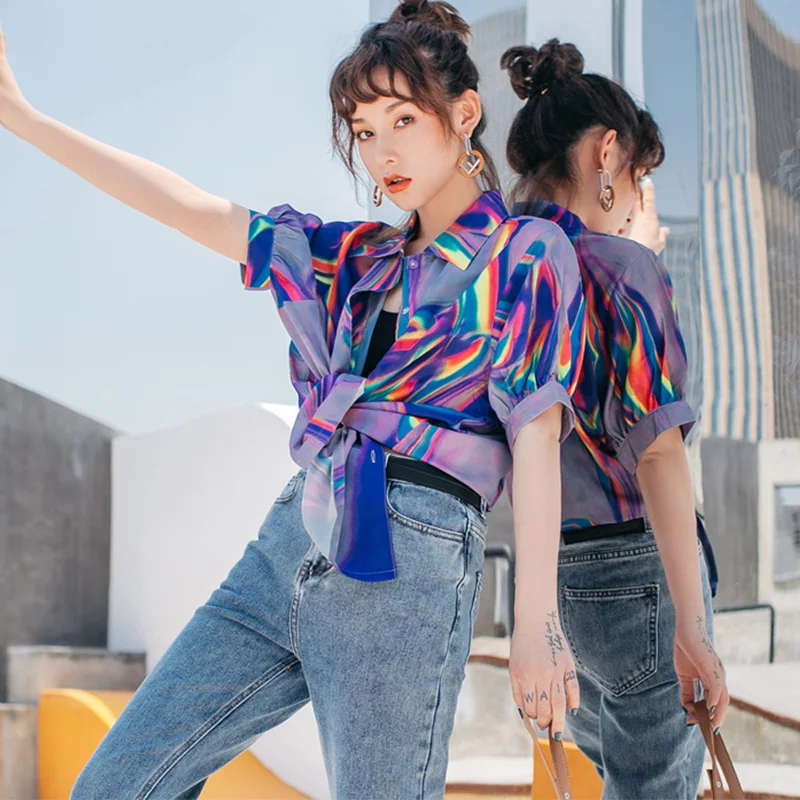 Женская блузка с голографическим принтом Cheerart цветная рубашка коротким рукавом
