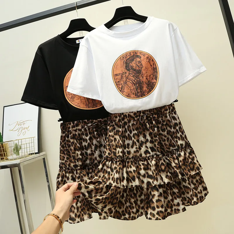 2019 summer 2 pieces sets printed cotton Tshirt tops + leopard Skirts Sets Women clothing suits tracksuit | Женская одежда