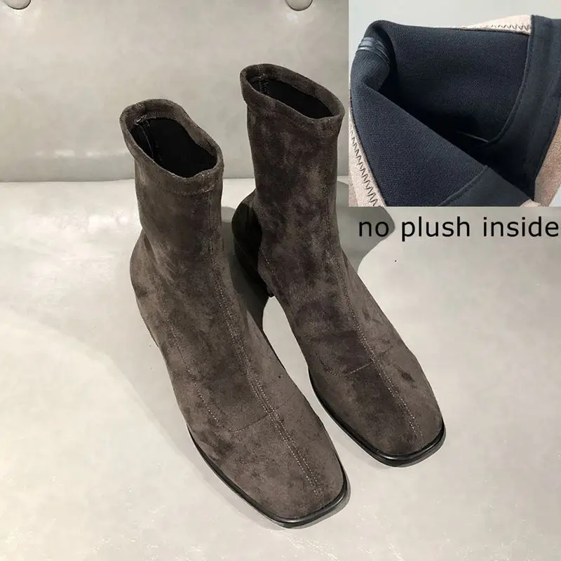 no plush inside ALLBITEFO/модные женские ботинки из эластичного материала на толстом каблуке; Высококачественная женская обувь на высоком каблуке; женские ботильоны - Цвет: no plush inside