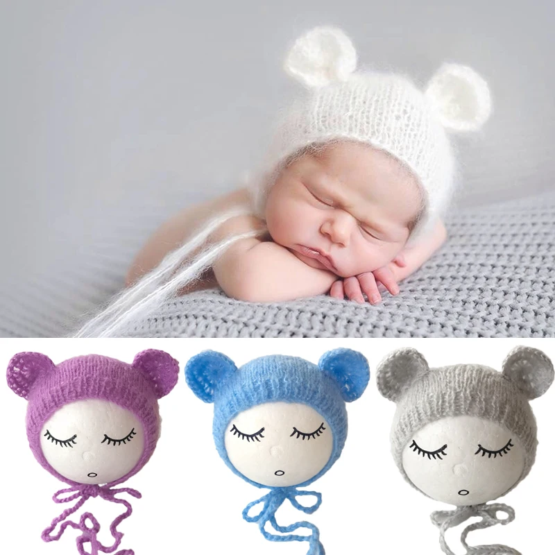 Sombrero de oso con orejas de Mohair para recién nacido, Gorro de punto hecho a mano, accesorios de fotografía para bebés