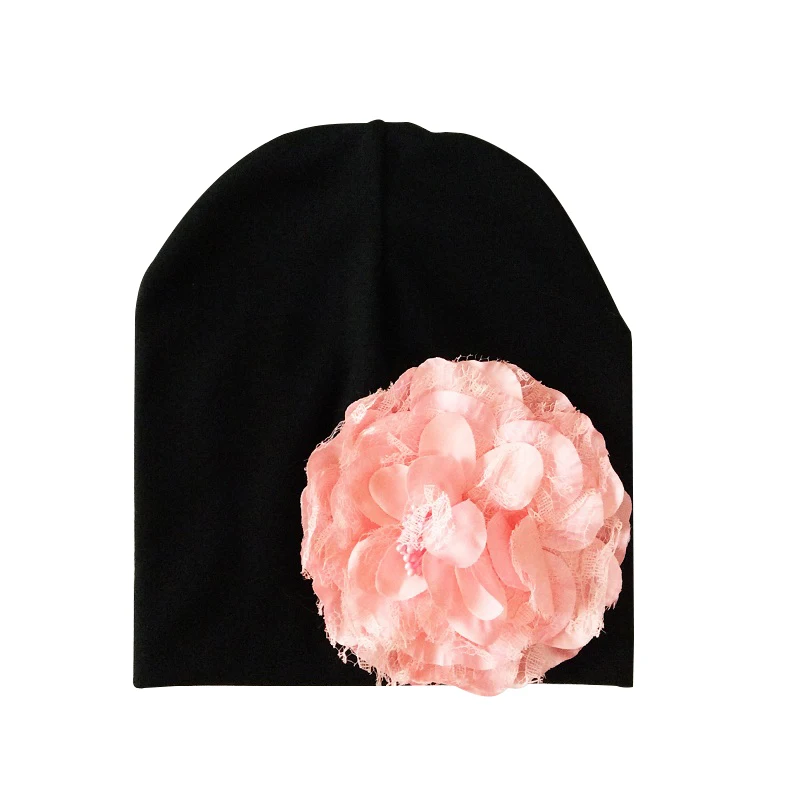 black pink flower Детская шапка с большим цветочным рисунком; шапки для маленьких девочек с цветочным узором; шапки для маленьких девочек; Детские шапки для девочек; сезон весна-осень-зима; Детские аксессуары - Цвет: black pink flower