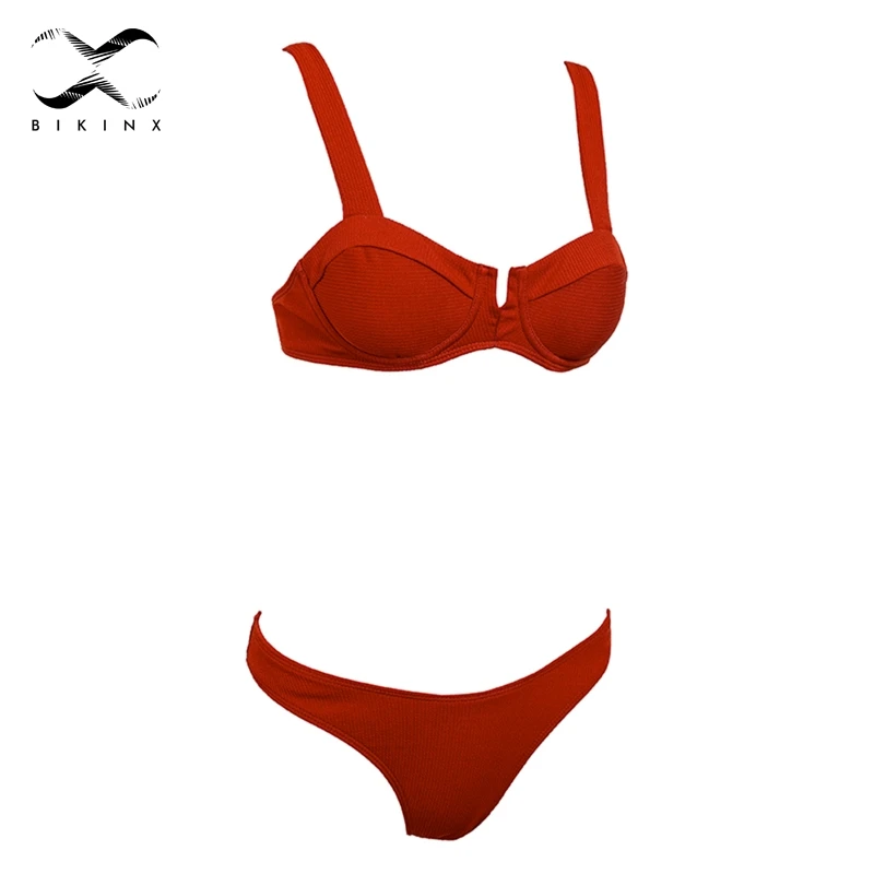 Bikinx ребристые красный ванный комплект для женщин, Глубокий v женский купальник Push up пикантные купальники для малышек микро БИК