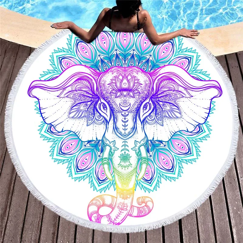 Sun Elephant Printed Mandala Large Round Microfiber Beach Towel for Adults Kids Blankets with Tassels Summer Bikini Cover Up Mat | Дом и сад