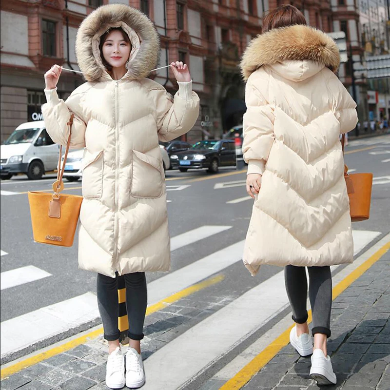 Winter Coat Women Large Fur Collar Hooded Long Jacket Thicken Warm Korean Padded Parkas 2018 New Oversized Loose Parka LY1208 | Женская