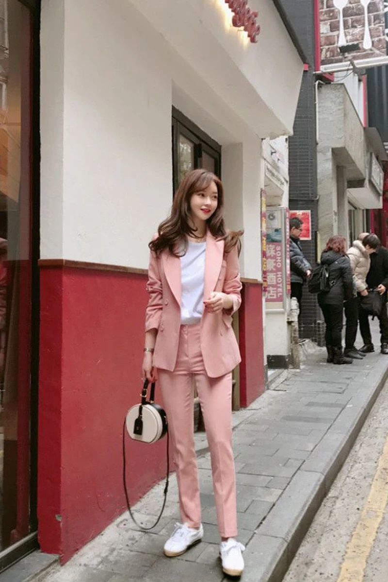 Женский брючный костюм Harajuku однотонный двубортный пиджак повседневный из двух