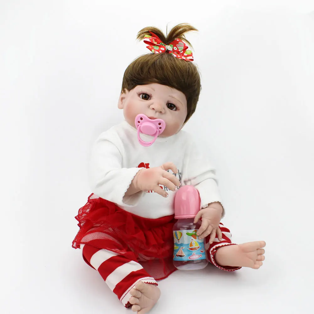 Кукла NPKDOLL Reborn полностью виниловая с коричневыми волосами для девочек красный Bebe