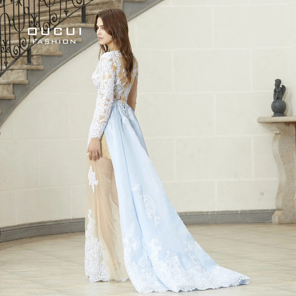 Women Plus Size V-Neck Lace Flowers Full Sleeves Long Evening Dress A-Line Party Dresses Gown Occasion Robe De Soiree OL103113