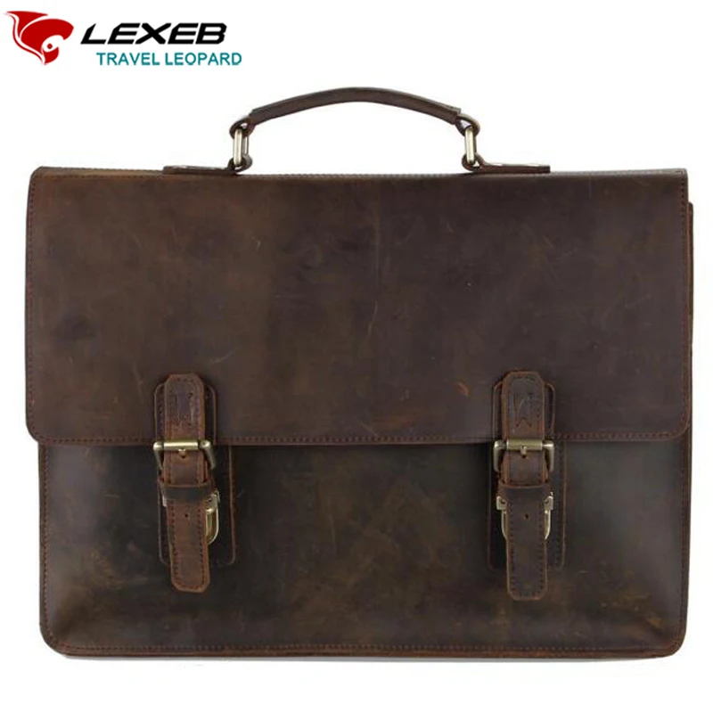 LEXEB Brand Men's Vintage Classic Crazy Horse Briefcase Genuine Leather Messenger Bags 15 Laptop High Quality Business Bag Brown | Багаж и