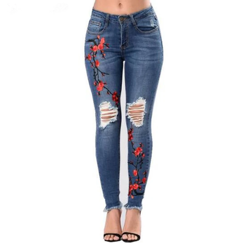 Женские джинсы с вышивкой и высокой талией узкие винтажные рваные брюки freddy