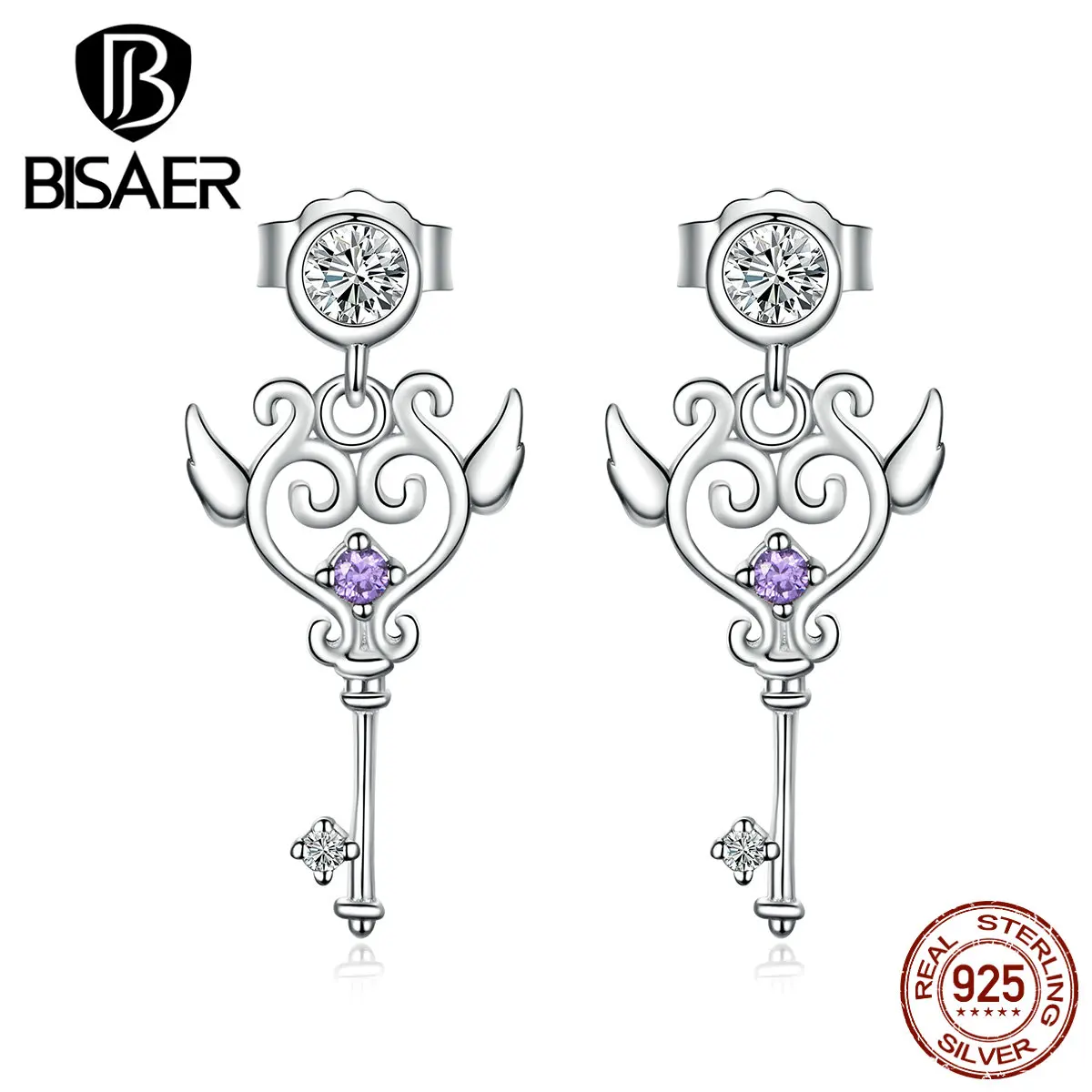 BISAER, серьги в форме сердца, 925 пробы, серебряные, в форме сердца, в форме ключа, изысканные маленькие серьги-гвоздики, женские серебряные ювелирные изделия ECE618