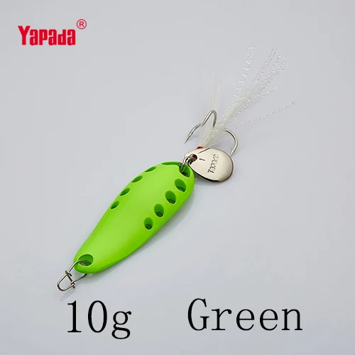 YAPADA ложка 015 Сплетница 10 г/15 г тройной крючок+ перо+ Блестки многоцветный 49 мм/54 мм металлическая ложка рыболовные приманки - Цвет: Green 10g