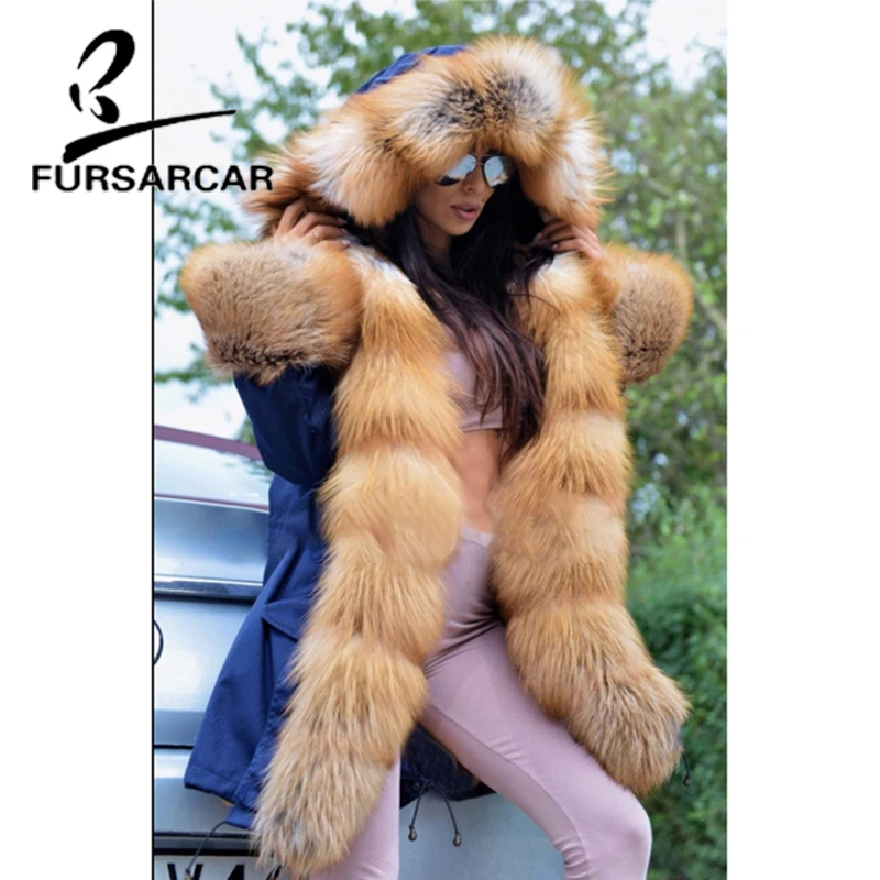 FURSARCAR Luxury Real Fur Coat Parka Women With Big Gold Fox Fur Trim Hood And Cuff Winter Thick Warm Fur Parka High Quality