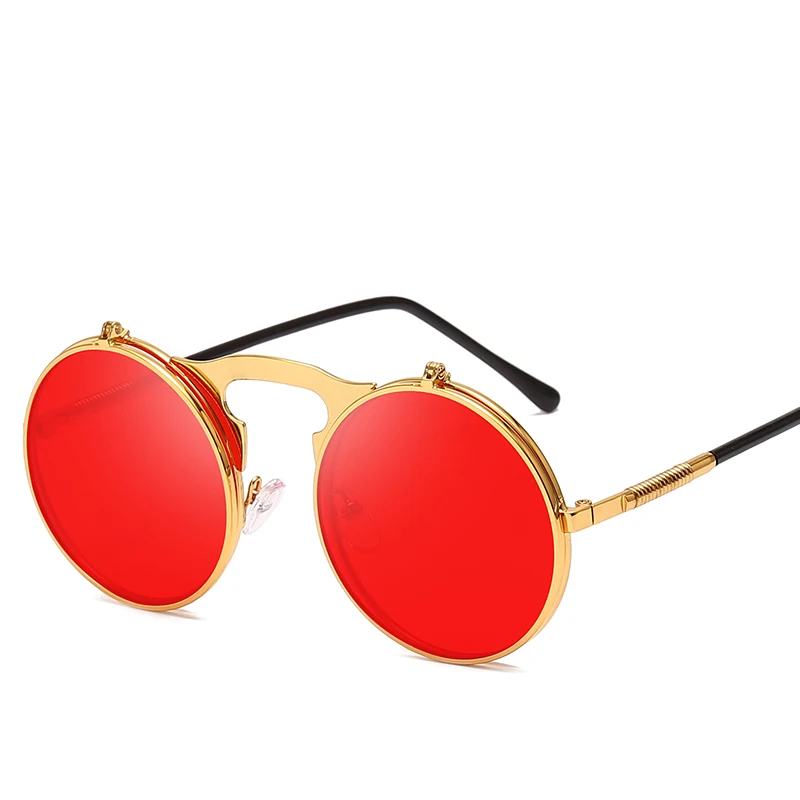 Golden Red Длинные солнцезащитные очки, флип, солнцезащитные очки в стиле стимпанк, складные, для мужчин и женщин, двойные линзы, прозрачная оправа из сплава, очки, тени UV400 - Цвет линз: Golden Red