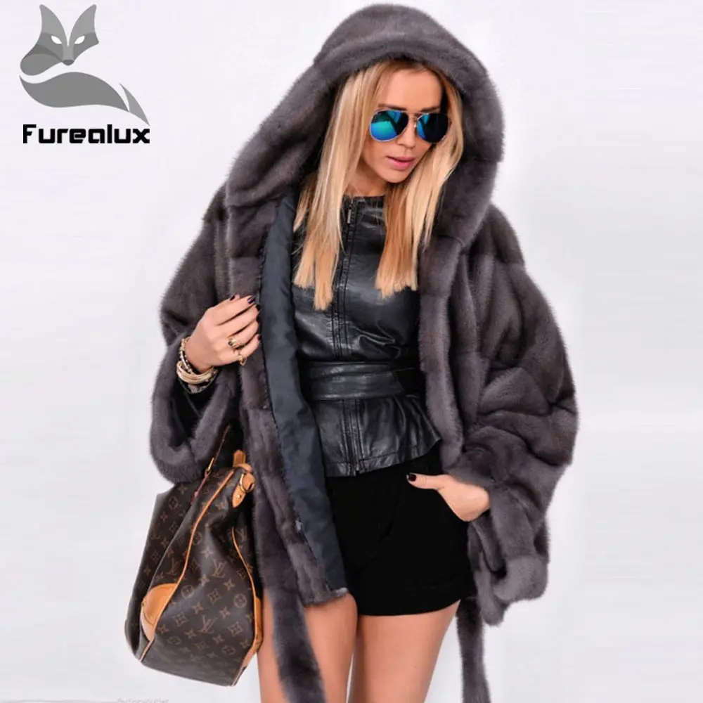 Furealux натуральное меховое пальто для женщин с рукавами летучая мышь зимнее толстое теплое Норковое меховое пальто с капюшоном роскошная женская Норковая Меховая куртка