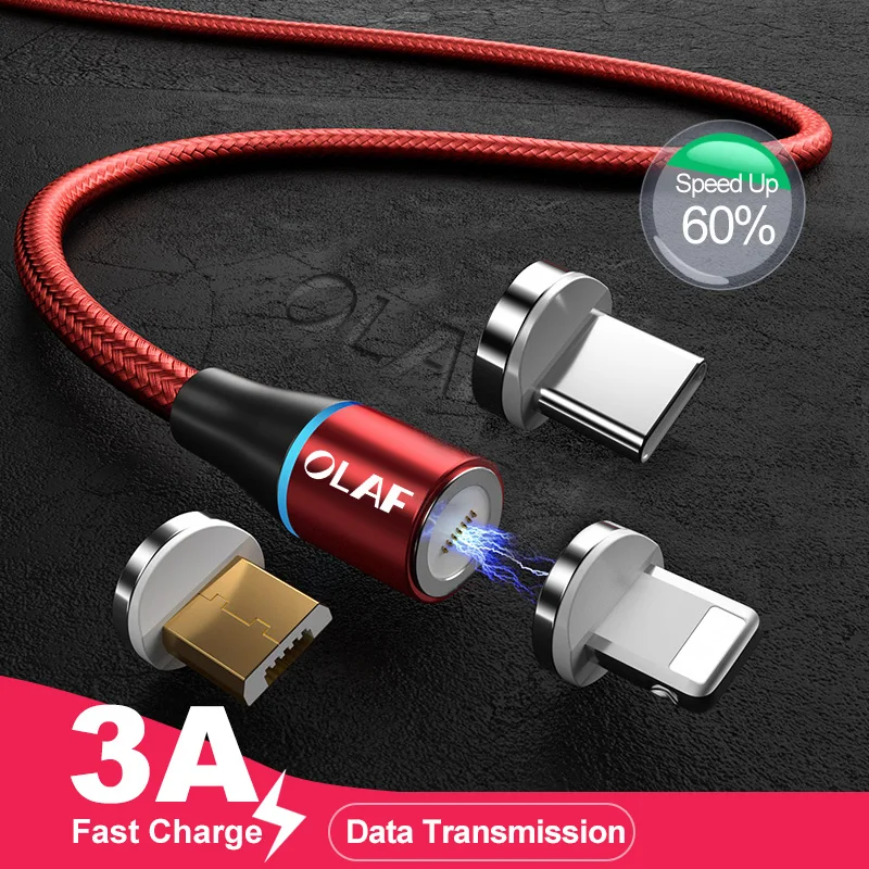 Олаф светодиодный магнитный кабель 3A для iPhone samsung huawei Xiaomi Micro usb type c Quick Charge 3,0 Быстрый Магнитный usb-кабель для зарядки