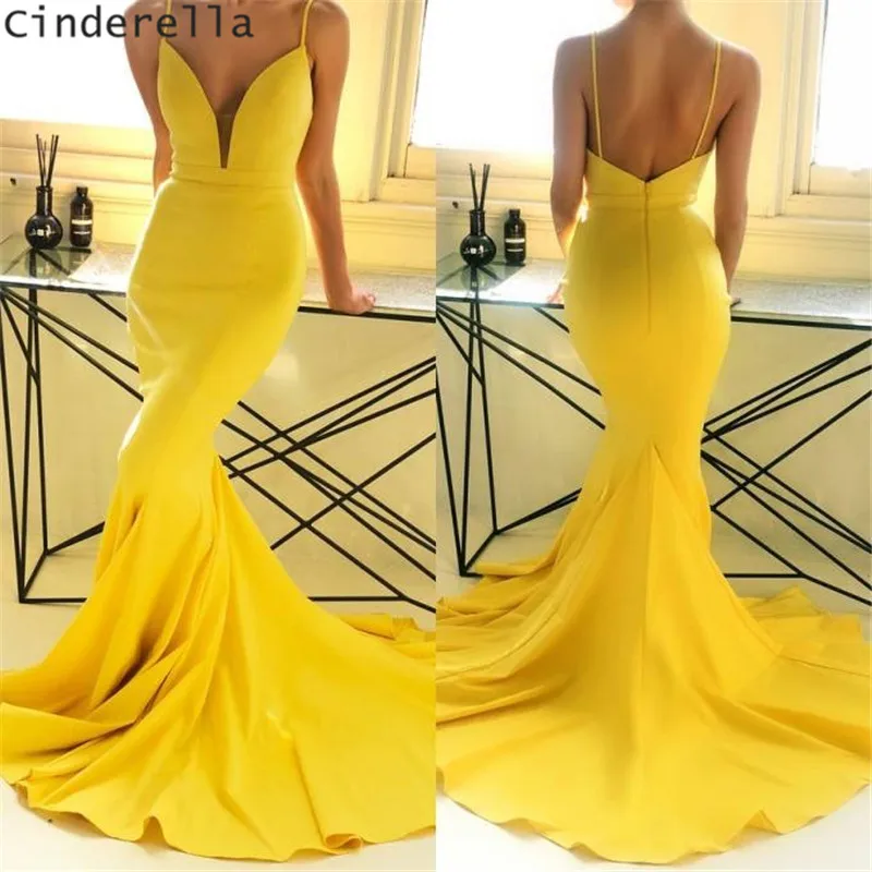 

Cinderella Yellow V-Neck Spaghetti Straps Mermaid Long Train Satin Pleated Pleated Prom Dresses Trumpet Backless Prom Party Gown
