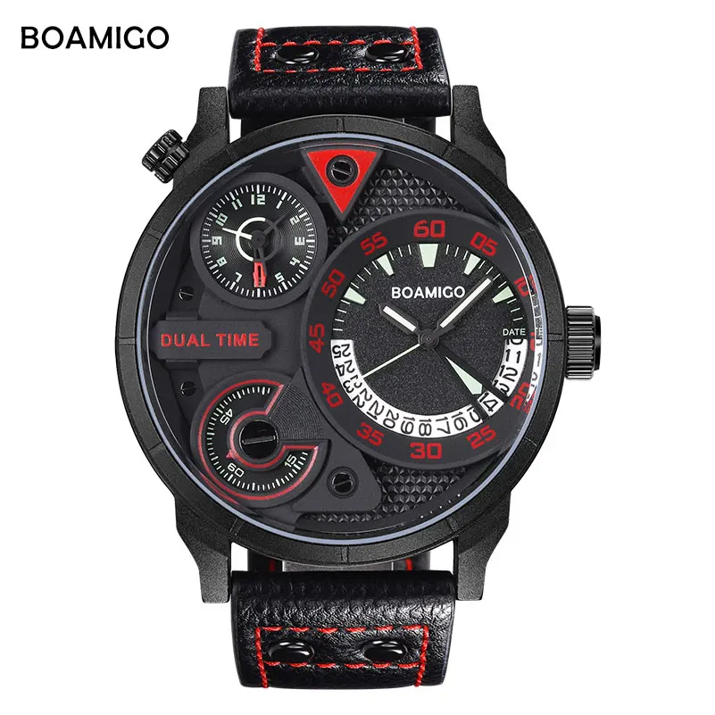Мужские спортивные часы BOAMIGO брендовые Роскошные Мужские кварцевые часы кожа с двойным временем наручные часы 30 м водонепроницаемые часы relogio masculino