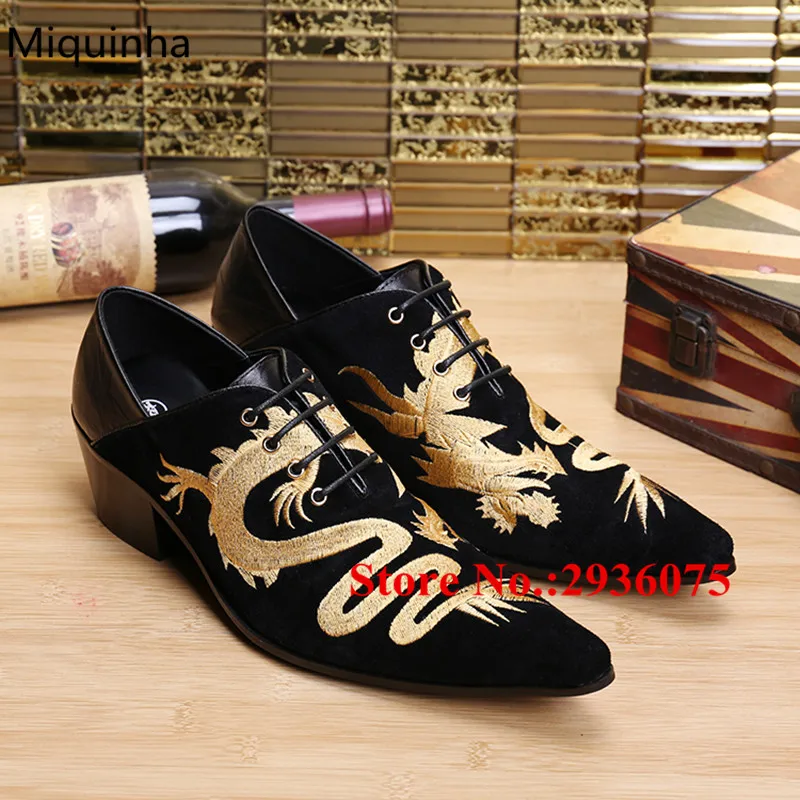 Черная Мягкая Кожа Золото Вышивка Декор Два Тона Мода Мужчины Платье Оксфорды