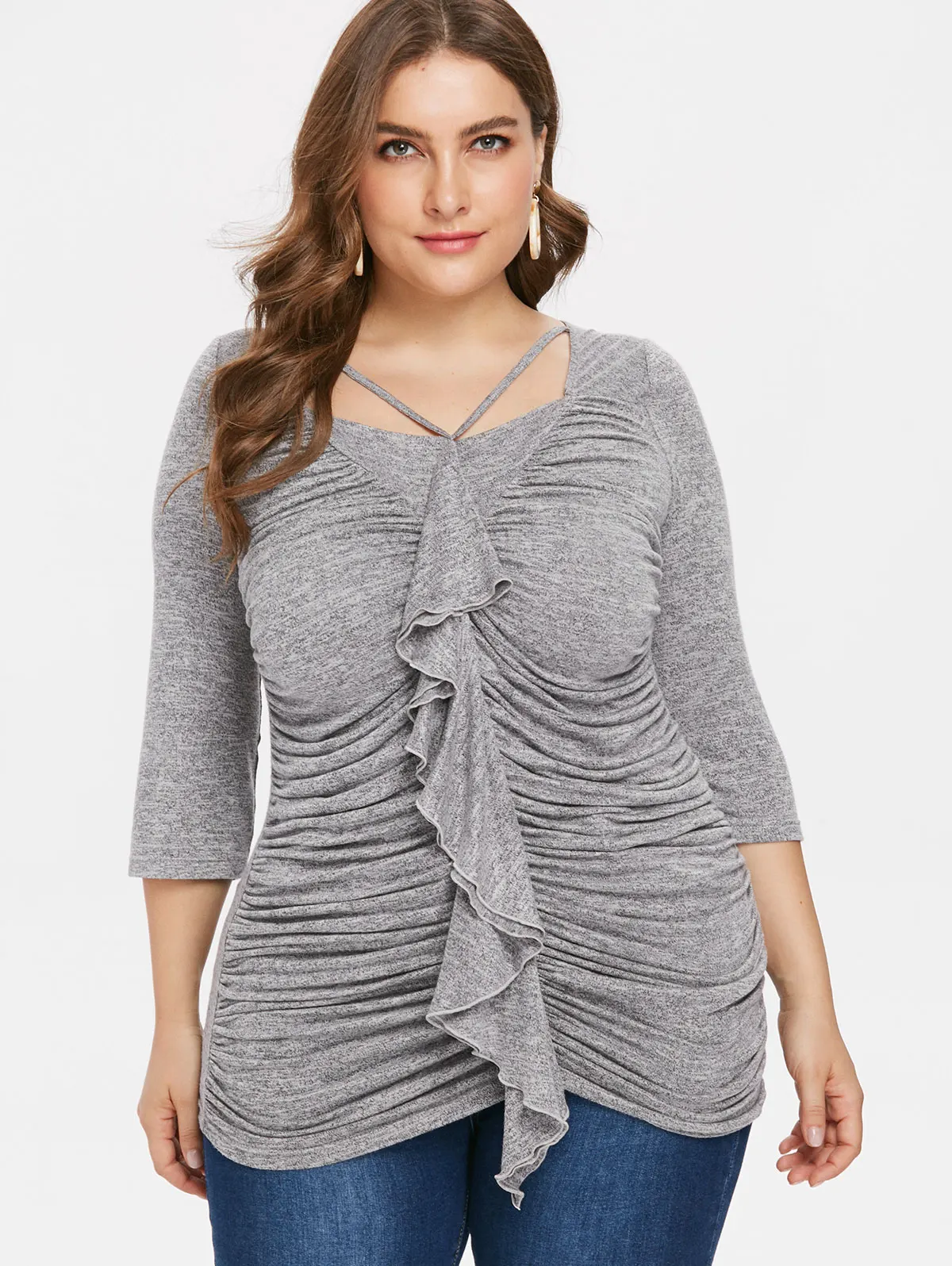 Женщины Плюс Размер 5XL Ruched Футболка Повседневная Сексуальная Три четверти