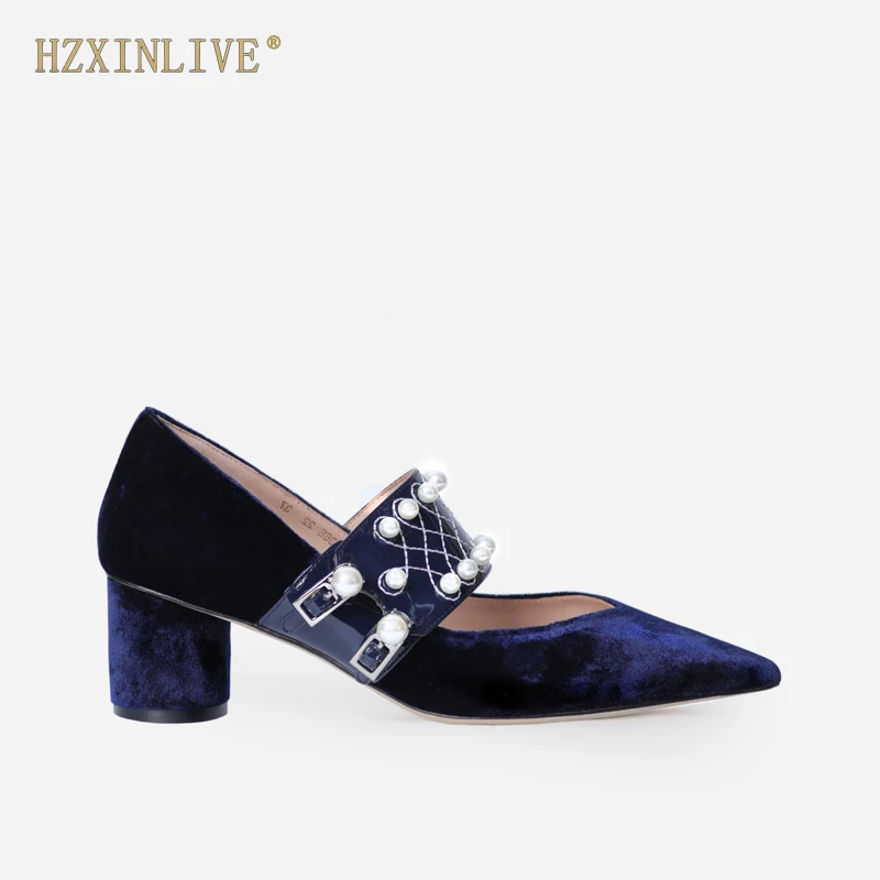 

Luxury Pearl Med Heels Mary Jane Shoes Fashion Velvet Shoes Woman Sexy Chunky High Heel Women Pumps Ladies Party Shoes