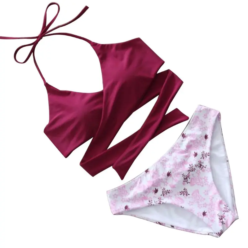 Wine Red Женский летний комплект из двух предметов с бретелькой через шею с глубоким v-образным вырезом, бюстгальтер с высокой талией, богемная Цветочная цифровая печать, стринги, купальник B - Цвет: Wine Red