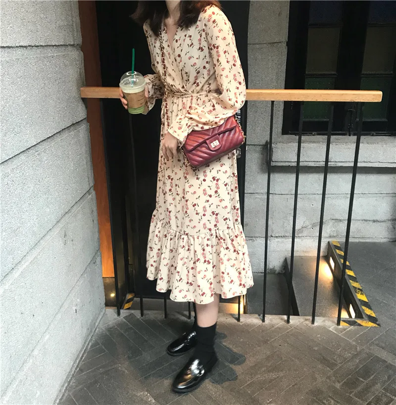 Платье с запахом GRUIICEEN Осеннее рождественское элегантное принтом в стиле бохо