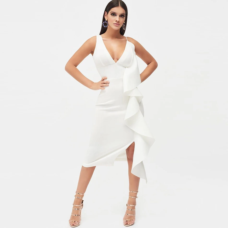 Новое летнее женское вечернее платье знаменитостей vestidos Verano сексуальное платье без рукавов с оборками розовое Белое Облегающее Клубное платье