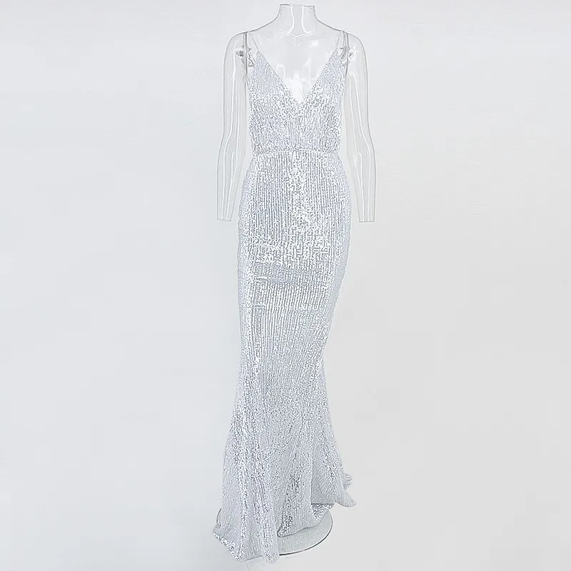 Silver Slaygirl, Vestidos, сексуальное, с блестками, из кусков, бодикон, v-образный вырез, длинное платье, женские платья, модные, сексуальные, вечерние платья, vestido de festa - Цвет: Silver