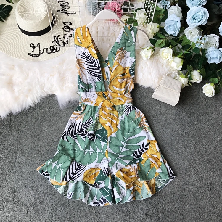 Пляжный Boho короткий женский летний комбинезон с открытой спиной и v-образным вырезом без рукавов комбинезон корейский цветочный принт плюс размер женский комбинезон
