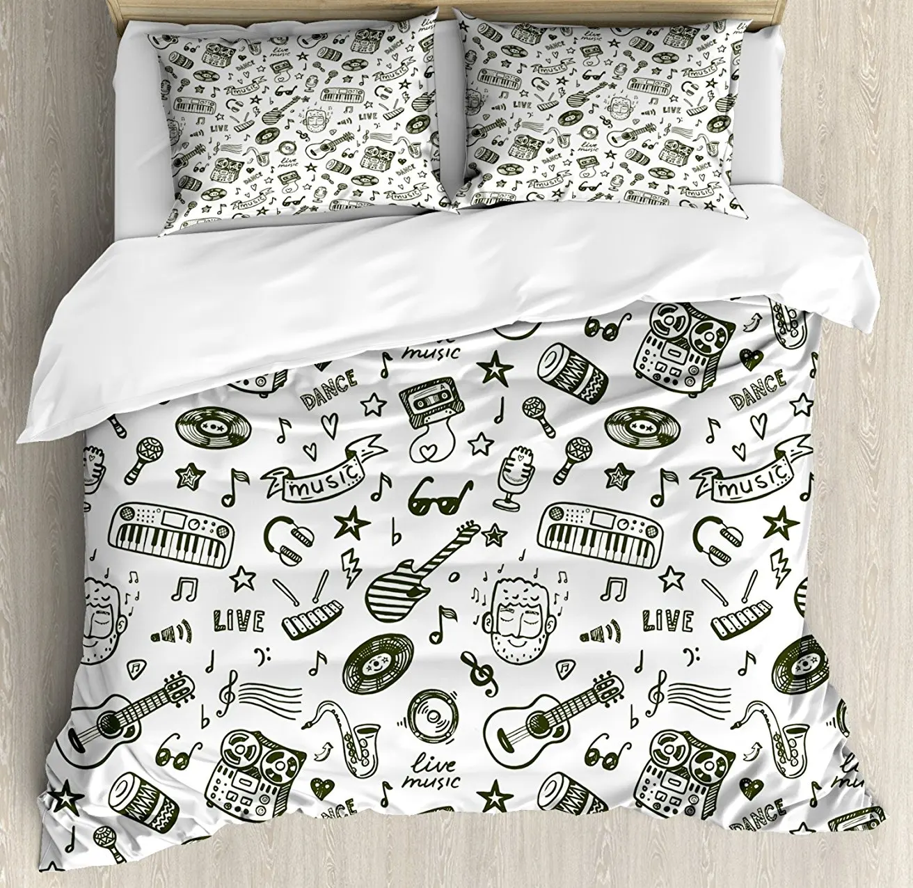 Doodle Duvet Cover Set Hand Drawn Music Collection of Item Bearded Musician Guitar Recorder Mic Decorative 4 Piece Bedding | Дом и сад