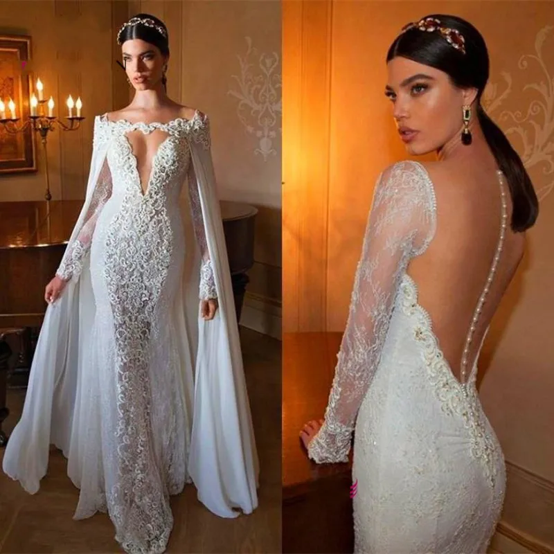 Женское свадебное платье с юбкой годе длинным рукавом и вышивкой на
