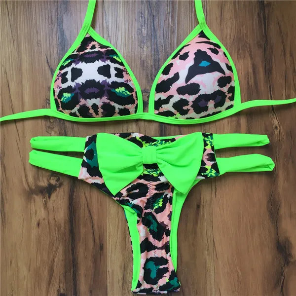 green leopard Купальники trangel, женский купальник, Леопардовый принт, купальник, бикини, пуш-ап, женский купальник, купальник для женщин, сексуальное бикини - Цвет: green leopard
