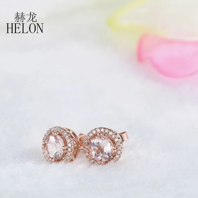 HELON 6 мм круглые 1.43ct настоящие морганиты Твердые 14 к розовое золото женские ювелирные Алмазы Серьги с ореолом Свадебные модные вечерние серьги
