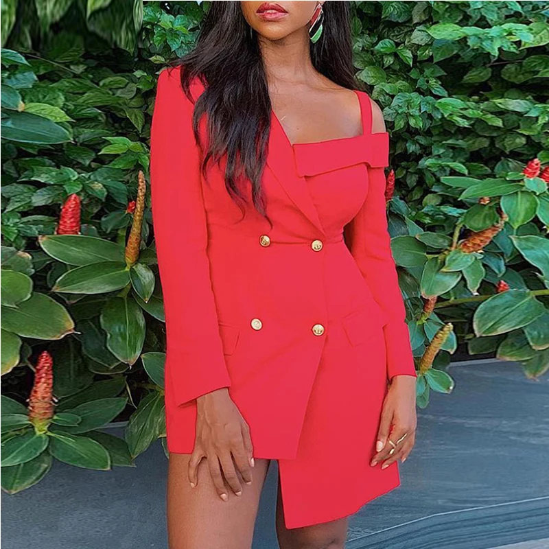 Двубортное платье блейзер с открытыми плечами и длинным рукавом повседневное
