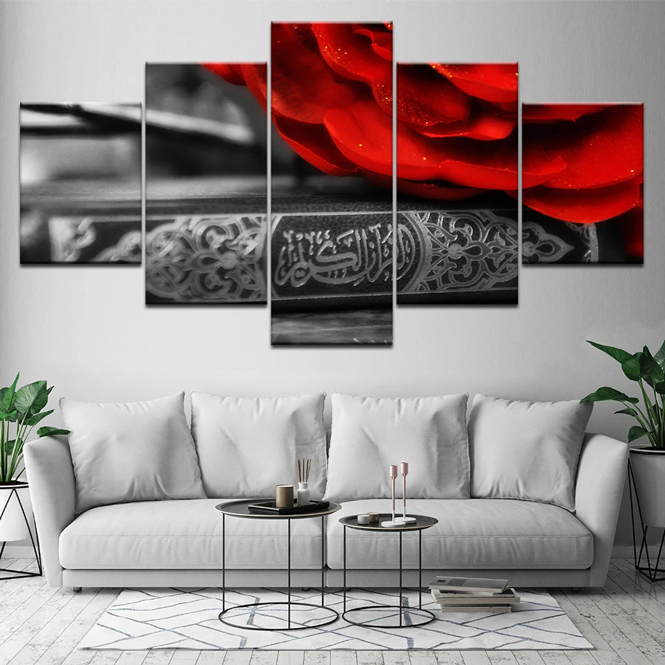 Серый фон с красными лепестками 5 шт. художественные обои на холсте современный