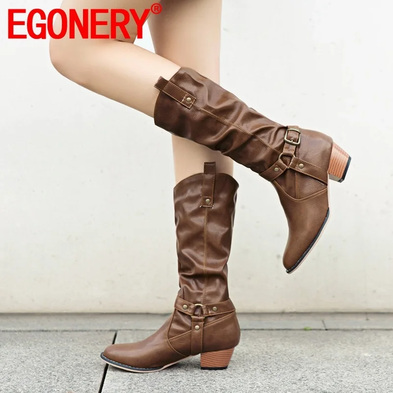 

EGONERY Woman Shoes Winter New Fashion Sexy Round Toe Mid Heels Mid Calf Boots Outside Comfortable Plus Size Shoes Drop Shipping