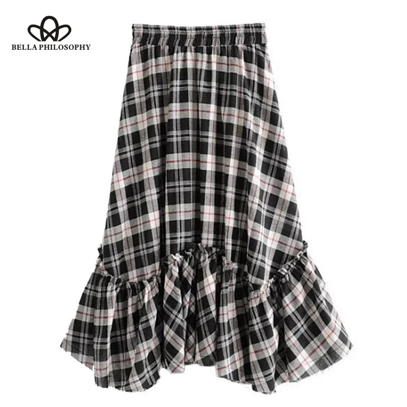 Женская винтажная юбка зонтик в клетку длинная с оборками Корейская уличная