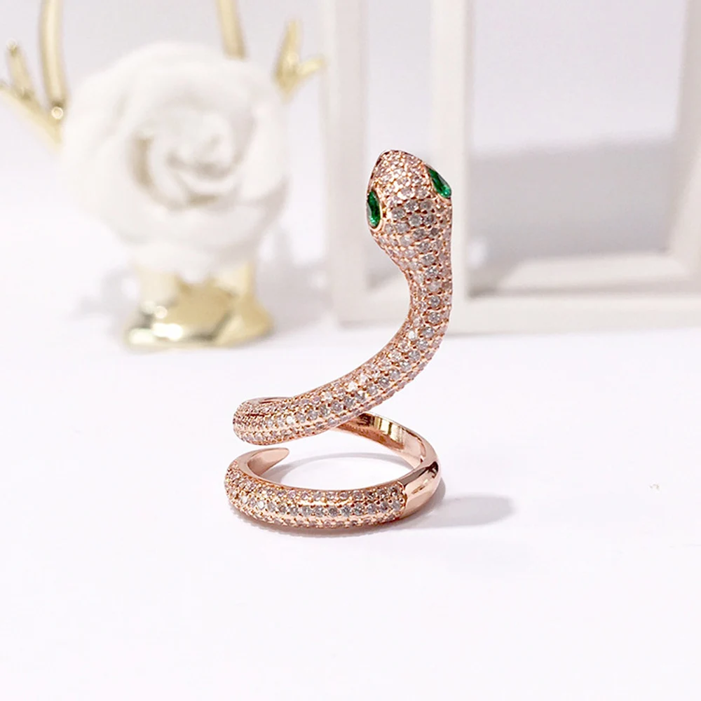 Изысканный Золотой Серебряный Pave CZ зеленый глаз кольца в виде змейки Для женщин CZ Ювелирные изделия кубического циркония двухслойные открытые кольца наивысшего качества