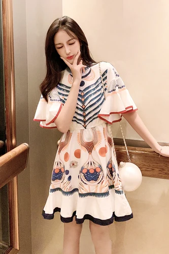 

Summer Streetwear A-line Half And Flare Sleeve Women Dress Above Knee Mini Print Vestido Pleated Womens Dresses Fashion