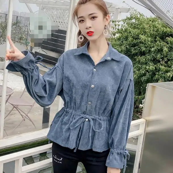 2019 Вельветовые женские рубашки с расклешенными рукавами однотонные топы