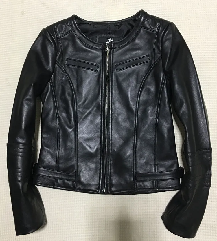 Женская мотоциклетная куртка из натуральной овечьей кожи с круглым вырезом |