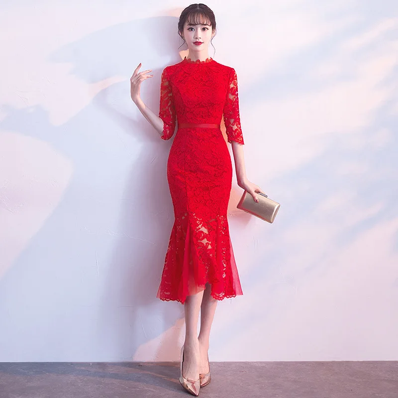 Style D Серое кружевное китайское традиционное платье Qipao свадебное платье с разрезами по бокам и воротником-стойкой платье Vestidos Чино Восточный свадебные вечерние платья - Цвет: Style D