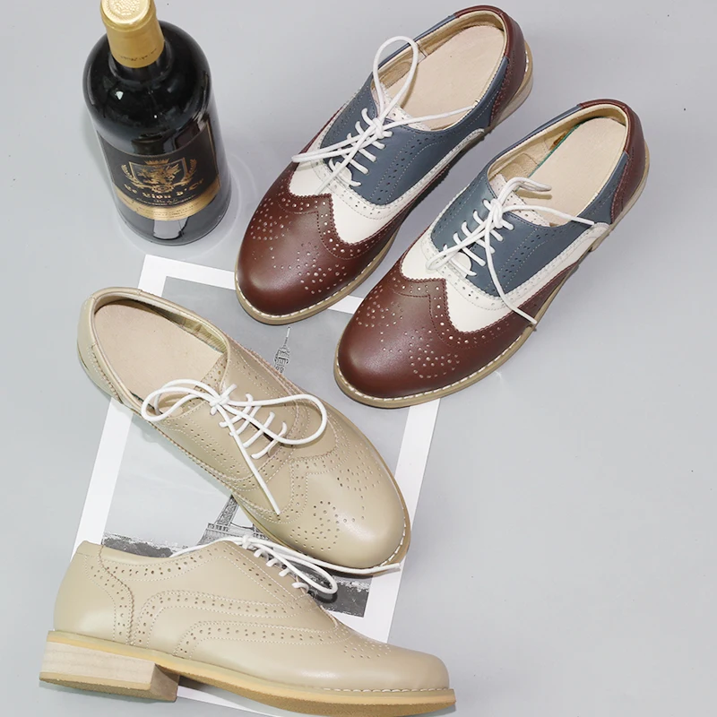 

British Style Women Oxford Shoes Flats Handmade Retro Summer Spring Shoes Lace Up Loafers Brown Casual Sneakers Flat Shoes Woman