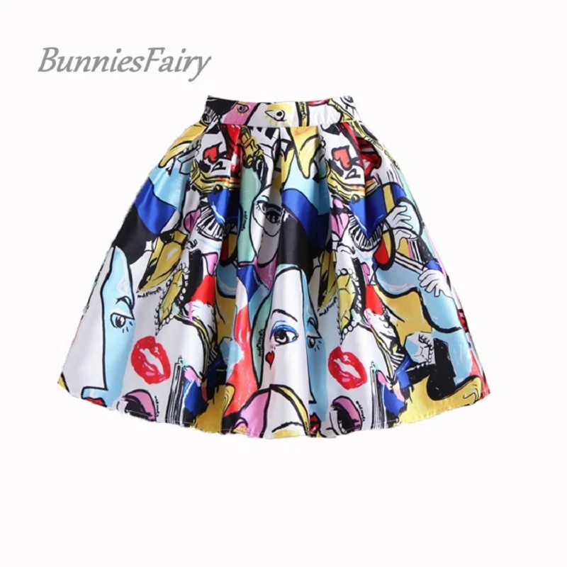 BunniesFairy 50s Винтаж в европейском и американском стиле; сезон лето Модные элементы принт «граффити», мини-платье в клетку с коротким и широким подолом юбки Falda Femininas