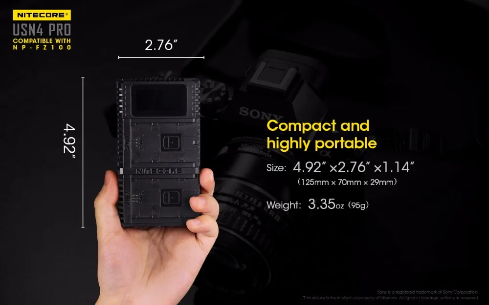 Nitecore USN4 PRO цифровой двойной слот Путешествия Камера зарядное устройство для sony NP-FZ100 батареи, совместимый с a7 III, a7R III, a9