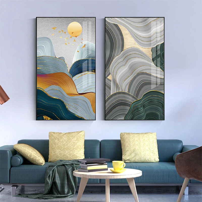 Современная Золотая зеленая живопись модный Гора солнце ежегодное кольцо плакат